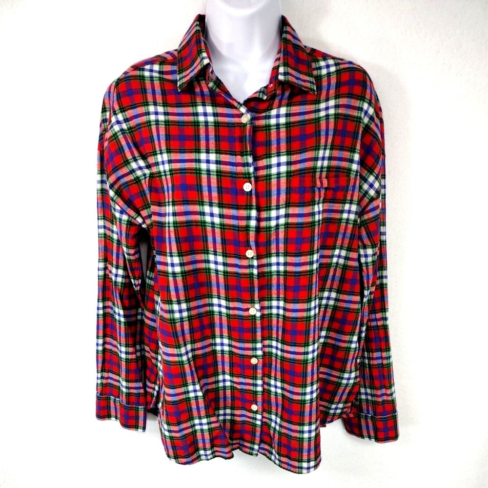 Old Navy The Boyfriend Shirt Womens Medium Red Blue Plaid Button Up 100% Cotton